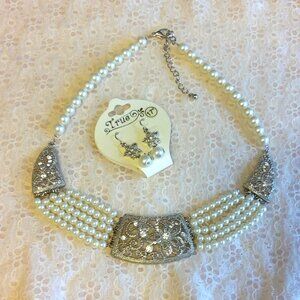 Vintage NEW True Clear Crystal Silver Floral Pendant Earrings VTG Pearl Necklace